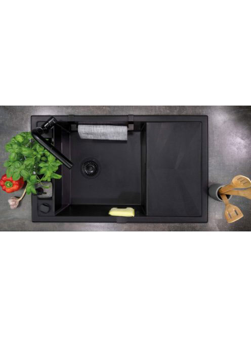 Deante Magnetic gránit mosogatótálca 82x50 cm, automatikus leeresztővel és szifonnal, matt fekete ZRM N113